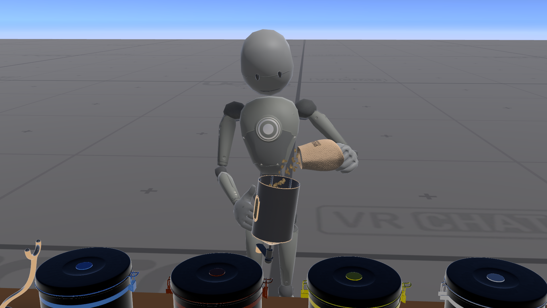 picture on vrchat, player is pouring raw beans into the roaster.