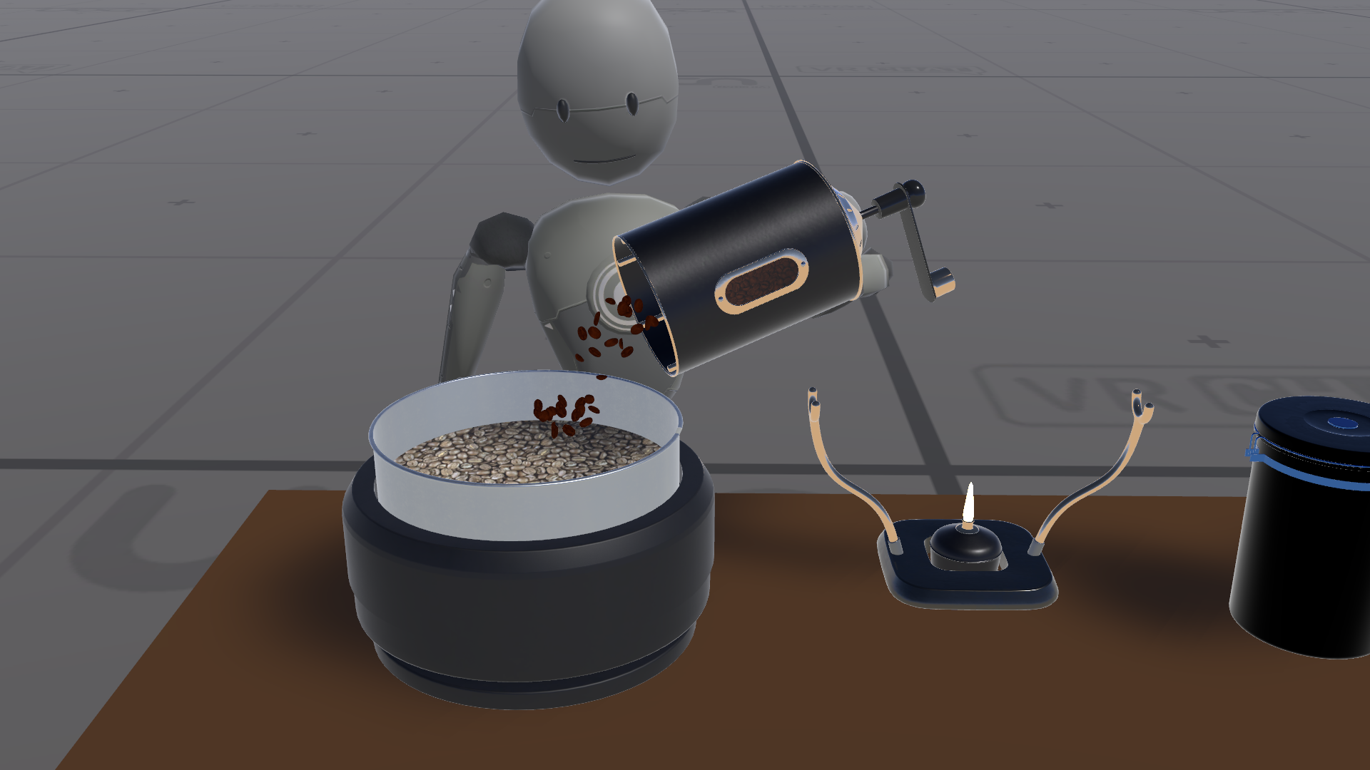 picture on vrchat, player is pouring roasted beans into the colander.
