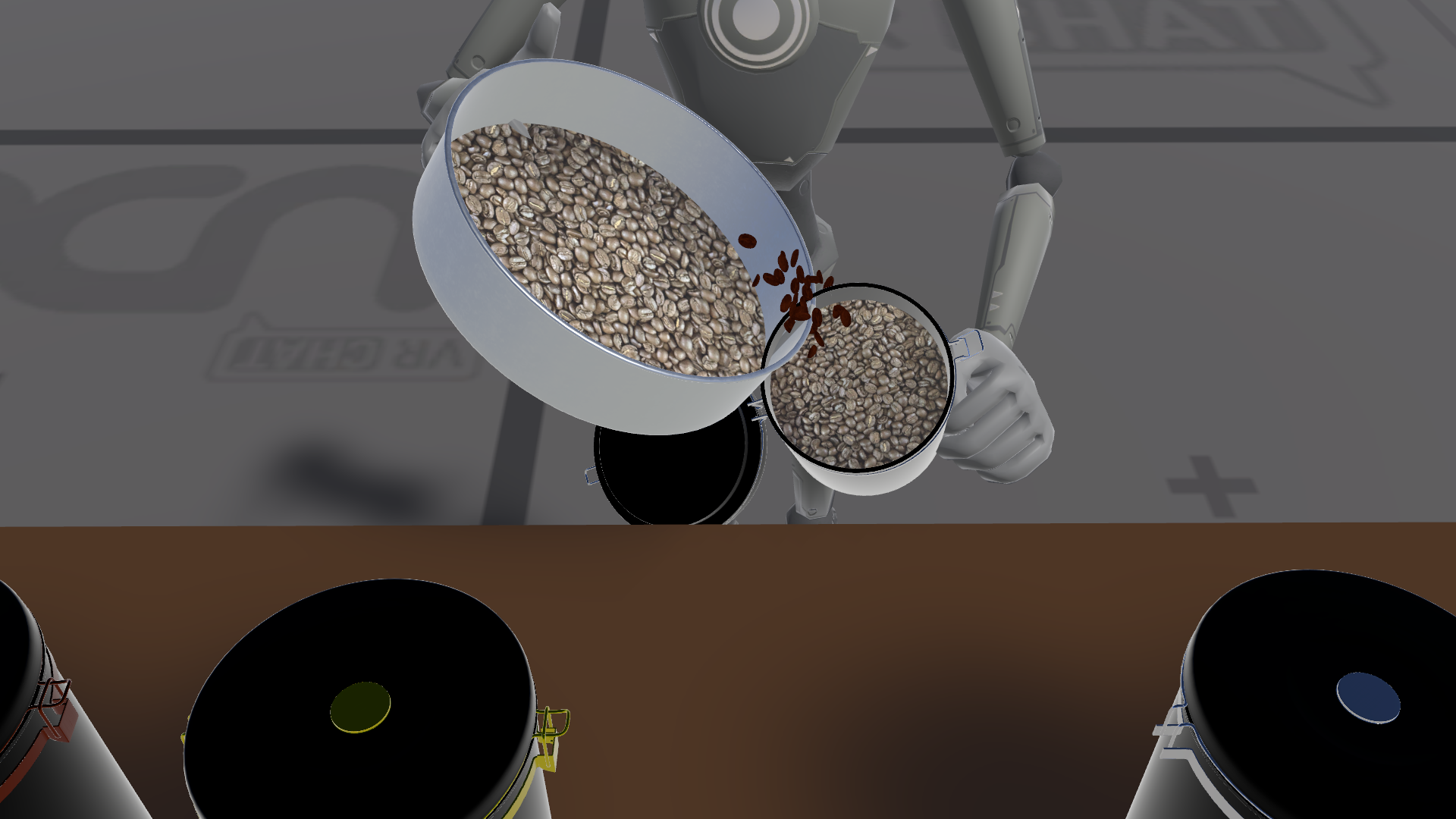 picture on vrchat, player is pouring roasted beans into the canister.